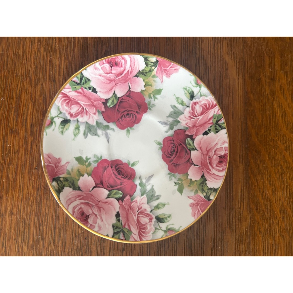 Crown Trent Fine Bone China Saucer Pink Red Rose Floral Gold Trim Made England